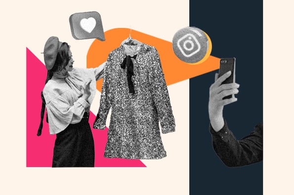 fashion brands on instagram: image shows a person holding a piece of clothing and a cellphone 