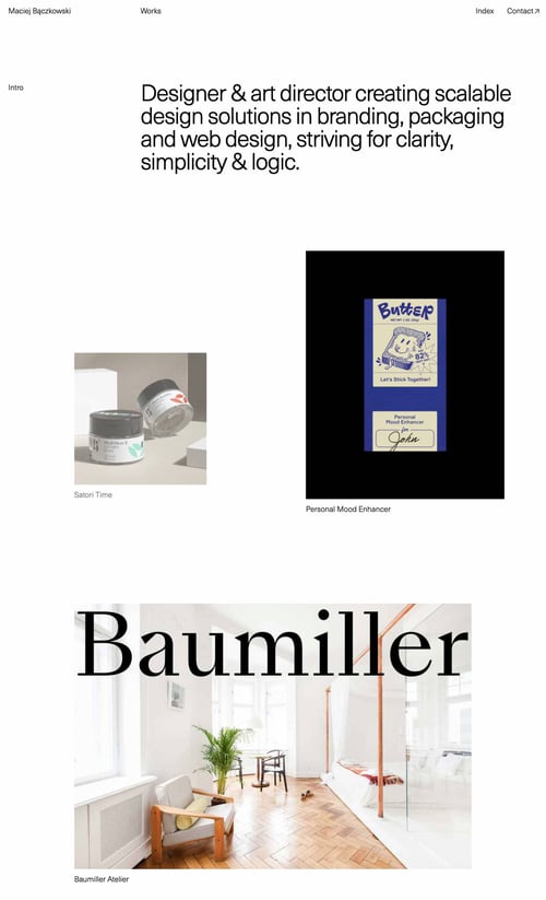 Maciej Bączkowski's minimalist portfolio  website uses lots of whitespace and a black and white color scheme