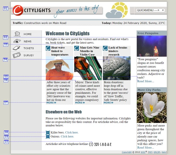 Welcome to CityLights! Annotated Inaccessible Home Page.