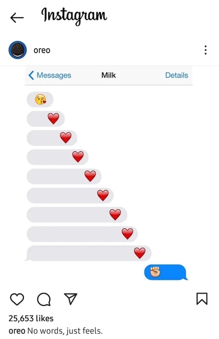 An Instagram post by Oreo of a fake text message conversation with "Milk."