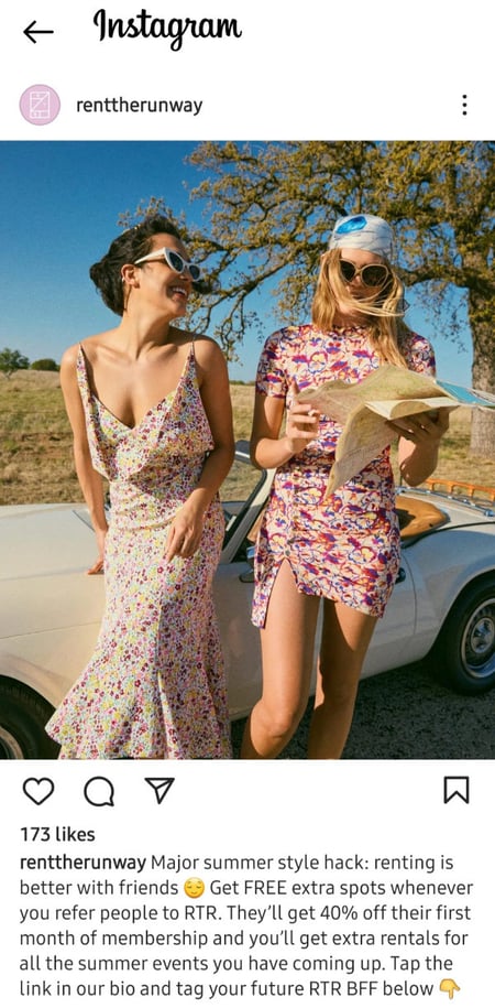 Instagram post below by Rent the Runway that asks followers to "Tag your future RTR BFF!"