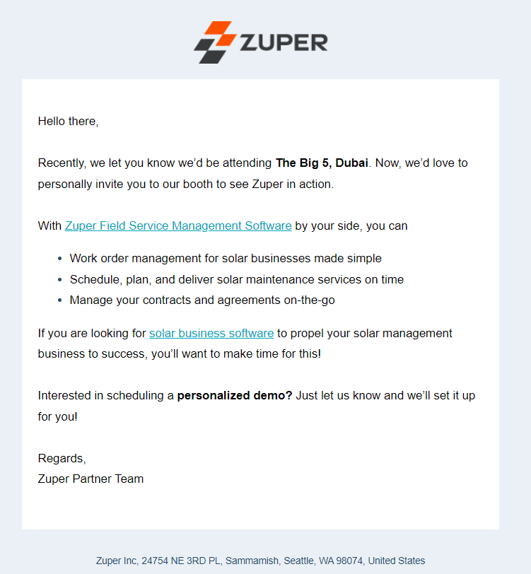 Zuper event email drip campaign series 2